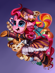 Size: 2370x3160 | Tagged: safe, artist:pridark, pinkie pie, earth pony, pony, g4, candy, clothes, costume, female, food, halloween, high res, holiday, lollipop, mare, smiling, socks, solo, striped socks