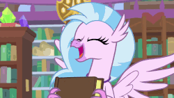Size: 1920x1080 | Tagged: safe, screencap, silverstream, classical hippogriff, hippogriff, what lies beneath, animated, book, bookshelf, cute, diastreamies, excited, female, ladder, library, nodding, school of friendship, solo