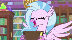 Size: 1920x1080 | Tagged: safe, screencap, silverstream, hippogriff, g4, what lies beneath, animated, book, bookshelf, cute, diastreamies, excited, female, giggling, ladder, library, nodding, school of friendship, solo, sound, webm
