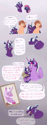 Size: 2988x7925 | Tagged: safe, artist:vindhov, twilight sparkle, oc, oc:inkwell, oc:noctis, oc:orion, oc:perfectly peachy pie, alicorn, earth pony, pony, g4, beard, card trick, coat markings, colt, curved horn, dialogue, drunk, facial hair, facial markings, fake horn, female, foal, gradient background, horn, interspecies offspring, male, mare, mother and son, multiple eyes, offspring, parent:flash sentry, parent:pinkie pie, parent:princess luna, parent:spike, parent:trouble shoes, parent:twilight sparkle, parents:flashlight, parents:spiluna, parents:trouble pie, snip (coat marking), speech bubble, stallion, star (coat marking), teddy bear, third eye, three eyes, tongue out, twilight sparkle (alicorn)