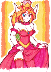 Size: 2488x3504 | Tagged: safe, artist:deeemperor, sunset shimmer, human, g4, big breasts, bowser, bowsette, breasts, busty sunset shimmer, cleavage, clothes, cosplay, costume, crossover, dress, female, high res, horns, humanized, male, new super mario bros. u deluxe, nintendo, nintendo direct, skirt, skirt lift, smiling, solo, stockings, super crown, super mario bros., thigh highs, toadette, traditional art
