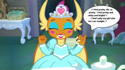 Size: 1280x720 | Tagged: safe, edit, edited screencap, screencap, smolder, dragon, g4, season 8, what lies beneath, cave, claws, clothes, cup, cute, dragon wings, dragoness, dress, eyes closed, fangs, female, horns, i feel pretty, jewelry, leonard bernstein, lyrics, makeup, music notes, princess smolder, puffy sleeves, singing, smolderbetes, solo, song reference, speech bubble, table, tea party, teacup, teeth, text, tiara, west side story, wings