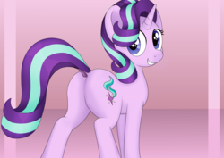 Size: 2807x1985 | Tagged: safe, artist:noosa, starlight glimmer, pony, unicorn, g4, butt, dock, female, glimmer glutes, grin, looking at you, mare, plot, simple background, smiling, solo