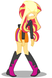 Size: 3000x4530 | Tagged: safe, artist:lifes-remedy, sunset shimmer, equestria girls, g4, abuse, atomic wedgie, boots, clothes, female, gritted teeth, high heel boots, humiliation, jacket, leather, leather jacket, mugen, panties, shimmerbuse, shoes, simple background, skirt, solo, sunset shimmer day, transparent background, underwear, wedgie, yellow underwear