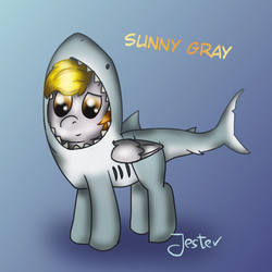Size: 800x800 | Tagged: safe, artist:jesterpi, oc, oc:sunny gray, pegasus, pony, shark, abstract background, blue background, clothes, cosplay, costume, cute, outfit, red eyes, shading, simple background, underwater, wings, ych result