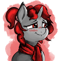 Size: 2500x2500 | Tagged: safe, artist:gab0o0, oc, oc only, oc:tarsus, pony, unicorn, accessory, bust, clothes, disguise, disguised changeling, high res, red eyes, red hair, scarf, solo