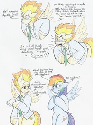 Size: 4521x6089 | Tagged: safe, artist:flicker-show, rainbow dash, spitfire, pegasus, pony, g4, the washouts (episode), absurd resolution, angry, bipedal, chris farley, cross-popping veins, dialogue, female, glasses, looking at each other, mare, matt foley, open mouth, saturday night live, shout, shrunken pupils, smiling, spread wings, sweat, sweatdrop, text, underhoof, wings