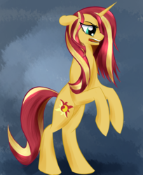 Size: 2503x3060 | Tagged: safe, artist:renarde-louve, sunset shimmer, pony, unicorn, g4, female, hair over one eye, high res, mare, open mouth, rearing, solo, sunset shimmer day, wet mane