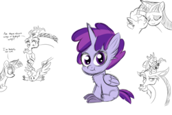 Size: 1280x853 | Tagged: safe, artist:turkleson, discord, twilight sparkle, oc, oc:mauve miracle, hybrid, g4, baby, color, female, interspecies offspring, male, nuzzling, offspring, parent:discord, parent:twilight sparkle, parent:unnamed oc, parents:canon x oc, ship:discolight, shipping, simple background, spread wings, straight, white background, wings