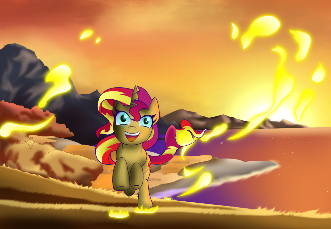 fall equinox, female, galloping, happy, ocean, sand, scenery, solo, sunset shimmer...