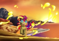 Size: 3500x2426 | Tagged: safe, artist:lifes-remedy, sunset shimmer, pony, unicorn, g4, autumn, excited, fall equinox, female, galloping, happy, high res, ocean, sand, scenery, solo, sunset shimmer day, sunshine shimmer