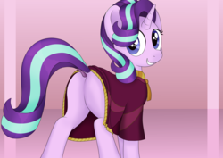 Size: 2456x1737 | Tagged: safe, artist:noosa, starlight glimmer, pony, unicorn, g4, road to friendship, abstract background, butt, clothes, dock, female, glimmer glutes, grin, high res, looking at you, looking back, looking back at you, mare, plot, rear view, robe, smiling, smiling at you, solo