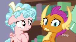 Size: 1920x1080 | Tagged: safe, screencap, cozy glow, smolder, yona, dragon, pegasus, pony, g4, what lies beneath, bookshelf, discovery family, discovery family logo, dragoness, duo, female, filly, foal, library, logo, looking at you, ringlets