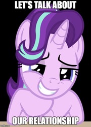 Size: 500x694 | Tagged: safe, edit, starlight glimmer, pony, unicorn, g4, marks for effort, my little pony: friendship is magic, black background, dialogue, female, image macro, looking at you, mare, meme, simple background, smiling, solo