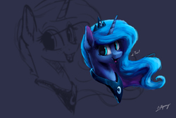 Size: 1500x1000 | Tagged: safe, artist:lollipony, princess luna, alicorn, pony, g4, bust, female, freckles, horn, jewelry, mare, regalia, simple background, solo, zoom layer