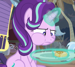 Size: 723x648 | Tagged: safe, screencap, starlight glimmer, trixie, pony, unicorn, g4, road to friendship, animated, chubby cheeks, cropped, eating, female, food, glowing horn, grumpy, haycakes, horn, magic, mare, pancakes, solo focus, telekinesis