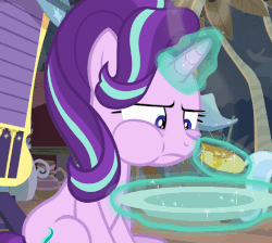 Size: 723x648 | Tagged: safe, screencap, starlight glimmer, trixie, pony, unicorn, g4, road to friendship, animated, cropped, eating, female, food, glowing horn, grumpy, haycakes, horn, magic, mare, pancakes, solo focus, telekinesis
