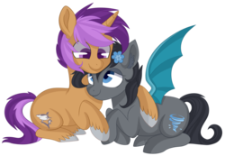 Size: 1024x709 | Tagged: safe, artist:beashay, oc, oc only, oc:seachell, oc:sharkbutt, bat pony, pony, unicorn, female, mare, prone, simple background, transparent background