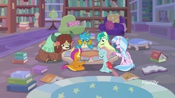 Size: 1920x1080 | Tagged: safe, screencap, gallus, ocellus, sandbar, silverstream, smolder, yona, changedling, changeling, classical hippogriff, dragon, earth pony, griffon, hippogriff, pony, yak, g4, what lies beneath, armchair, book, bookshelf, bow, chair, cloven hooves, discovery family, discovery family logo, dragoness, female, globe, hair bow, jewelry, ladder, library, logo, male, monkey swings, necklace, pillow, reading, sitting, student six, studying