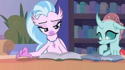 Size: 1920x1080 | Tagged: safe, screencap, ocellus, silverstream, changedling, changeling, classical hippogriff, hippogriff, g4, season 8, what lies beneath, book, bookshelf, discovery family, discovery family logo, finger drumming, logo