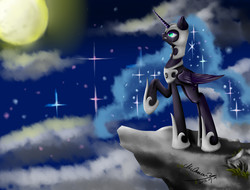 Size: 4096x3112 | Tagged: safe, artist:mcqueen, derpibooru exclusive, nightmare moon, alicorn, pony, g4, cliff, cloud, crying, ethereal mane, flowing mane, galaxy mane, hoof shoes, looking up, moon, night, raised hoof, stars, tears of pain