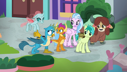 Size: 1280x720 | Tagged: safe, screencap, gallus, ocellus, sandbar, silverstream, smolder, yona, changedling, changeling, classical hippogriff, dragon, earth pony, griffon, hippogriff, pony, yak, g4, what lies beneath, bow, cloven hooves, dragoness, female, flying, hair bow, jewelry, male, monkey swings, necklace, student six, teenager