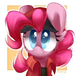 Size: 1500x1500 | Tagged: safe, artist:fluorbaryt, pinkie pie, earth pony, pony, g4, bust, cap, cells at work, clothes, colored pupils, cosplay, costume, cute, diapinkes, female, hat, jacket, portrait, red blood cell, solo