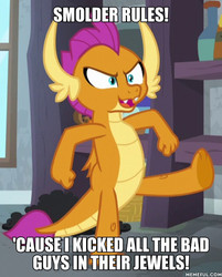Size: 600x745 | Tagged: safe, edit, edited screencap, screencap, smolder, dragon, g4, molt down, caption, claws, cropped, dragon wings, dragoness, family guy, fangs, feet, female, horns, image macro, kick, male, meme, memeful.com, open mouth, paws, solo, text, underpaw, wings