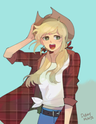 Size: 828x1066 | Tagged: safe, artist:dusty-munji, applejack, human, g4, alternate hairstyle, clothes, cowboy hat, cute, female, front knot midriff, hat, humanized, jackabetes, midriff, open mouth, pigtails, plaid shirt, smiling, solo, stetson
