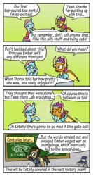 Size: 400x750 | Tagged: safe, artist:acidemerald, doctor whooves, ocellus, smolder, time turner, changedling, changeling, dragon, earth pony, pony, fallout equestria, g4, what lies beneath, bad end, chalkboard, clothes, comic, cup, dark comedy, dress, fallout, implied embrax, jumpsuit, princess smolder, puffy sleeves, tea party, teacup, totally radical, vault suit