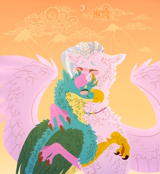 Size: 2440x2650 | Tagged: safe, artist:glitchthunder, gallus, silverstream, classical hippogriff, griffon, hippogriff, g4, blushing, cute, diastreamies, digital art, female, fluffy, gallabetes, happy, high res, hug, male, moon, orange background, ship:gallstream, shipping, simple background, straight, talons