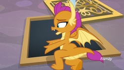 Size: 1920x1080 | Tagged: safe, screencap, smolder, dragon, g4, what lies beneath, claws, discovery family, discovery family logo, dragon wings, dragoness, fangs, female, horns, logo, open mouth, solo, spread wings, wings