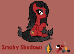 Size: 1100x800 | Tagged: safe, artist:lightning stripe, derpibooru exclusive, oc, oc only, oc:cascara, pegasus, pony, g4, black mane, cutie mark, eyelashes, eyeliner, female, lidded eyes, long hair, long mane, long tail, makeup, mare, red, red and black oc, red background, red coat, red eyes, reference sheet, show accurate, simple background, sitting, smiling, solo, wings