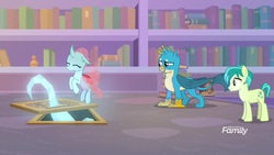 Size: 1920x1080 | Tagged: safe, screencap, gallus, ocellus, sandbar, changedling, changeling, earth pony, griffon, pony, g4, what lies beneath, bookshelf, crystal, cutie mark, discovery family, discovery family logo, eyes closed, female, library, logo, male, paws, smiling, wings