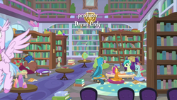 Size: 1280x720 | Tagged: safe, screencap, gallus, ocellus, sandbar, silverstream, smolder, yona, changedling, changeling, dragon, earth pony, griffon, pony, g4, what lies beneath, book, bookshelf, dragoness, female, ladder, library, male, opening credits, student six, teenager