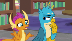 Size: 1280x720 | Tagged: safe, screencap, gallus, smolder, griffon, g4, what lies beneath, bookshelf, library