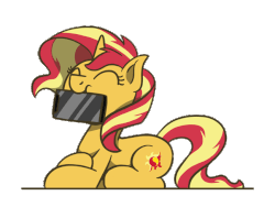 Size: 648x486 | Tagged: safe, artist:flutterluv, sunset shimmer, pony, unicorn, g4, animated, cellphone, cute, digital art, eyes closed, female, gif, happy, hnnng, mare, nibbling, nom, phone, prone, shimmerbetes, silly, silly pony, simple background, sitting, smiling, solo, sunset shimmer day, transparent background