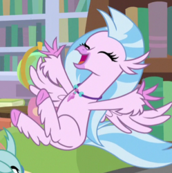 Size: 411x413 | Tagged: safe, screencap, ocellus, silverstream, changedling, changeling, classical hippogriff, hippogriff, g4, what lies beneath, bookshelf, cropped, cute, diastreamies, eyes closed, library, solo focus, wings