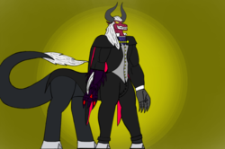 Size: 1137x757 | Tagged: safe, artist:kahnac, lord tirek, centaur, demon, devil, g4, cape, captain hook syndrome, claw, clothes, danglars, dapper as buck, devious, evil, gentleman, machine, male, malicious, obvious villain, prosthetics, smug, solo, suit, tail, the count of monte cristo, tirek danglars, tricky, wicked
