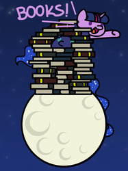 Size: 1280x1707 | Tagged: safe, artist:flutterluv, princess luna, twilight sparkle, alicorn, pony, series:flutterluv's full moon, g4, book, book fort, bookhorse, female, full moon, mare, moon, smiling, stars, that pony sure does love books, twilight sparkle (alicorn)