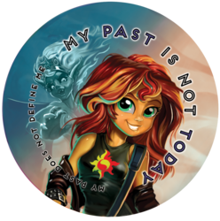 Size: 1224x1236 | Tagged: safe, artist:harwick, sunset shimmer, equestria girls, g4, my past is not today, clothes, cutie mark on clothes, female, grin, simple background, smiling, solo, sunset satan, sunset shimmer day, text, transparent background