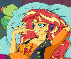 Size: 1280x1067 | Tagged: safe, artist:albertbm, ray, sunset shimmer, gecko, parakeet, equestria girls, g4, my little pony equestria girls: better together, bed, clothes, female, grin, headphones, pillow, plushie, smiling, sunset shimmer day