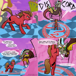 Size: 1602x1602 | Tagged: safe, artist:clorin spats, discord, oc, oc:pun, draconequus, earth pony, pony, ask pun, g4, ask, chaos, discorded landscape, duo, female, male, mare, purple sky, speech bubble