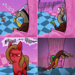 Size: 1002x1002 | Tagged: safe, artist:clorin spats, discord, oc, oc:pun, draconequus, earth pony, pony, ask pun, g4, ask, chaos, comic, death, discorded landscape, female, laughing, male, mare, purple sky, speech bubble, throne