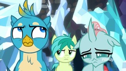 Size: 1920x1080 | Tagged: safe, screencap, gallus, ocellus, sandbar, changedling, changeling, griffon, pony, g4, what lies beneath, crystal, discovery family, discovery family logo, female, logo, male, teenager, trio