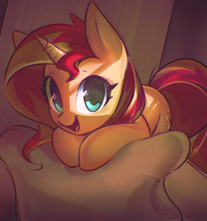 Size: 1112x1190 | Tagged: safe, artist:mirroredsea, sunset shimmer, pony, unicorn, g4, cute, daaaaaaaaaaaw, female, horn, leaning, looking at you, mare, open mouth, open smile, shimmerbetes, smiling, smiling at you, solo