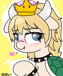 Size: 1024x1235 | Tagged: safe, artist:parn, earth pony, pony, blushing, bowser, bowsette, bust, choker, crown, cute, cute little fangs, fanart, fangs, female, horns, jewelry, looking at you, male, mare, ponified, ponified meme, princess bowser, regalia, rule 63, simple background, spiked choker, super crown, toadette, tortoise shell, yellow background