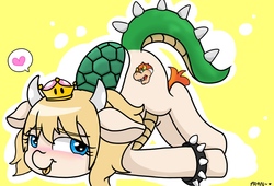 Size: 1024x696 | Tagged: safe, artist:parn, earth pony, pony, blushing, bowser, bowsette, crown, cute, face down ass up, fanart, female, heart, horns, jewelry, lovely, male, mare, pictogram, ponified, princess bowser, regalia, rule 63, simple background, smiling, solo, speech bubble, super crown, toadette, tongue out, tortoise shell, yellow background