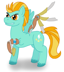 Size: 1024x1159 | Tagged: safe, alternate version, artist:lizardwithhat, lightning dust, cyborg, pegasus, pony, g4, amputee, artificial wings, augmented, female, fierce, grin, mare, mechanical wing, prosthetic leg, prosthetic limb, prosthetic wing, prosthetics, raised hoof, simple background, smiling, solo, transparent background, wings