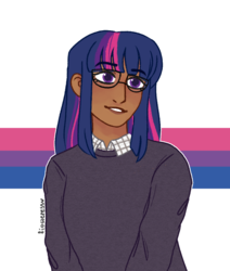 Size: 890x1050 | Tagged: safe, artist:fioweress, twilight sparkle, human, g4, bilight sparkle, bisexual pride flag, bisexuality, dark skin, female, glasses, headcanon, humanized, lgbt, lgbt headcanon, pride, pride flag, sexuality headcanon, simple background, smiling, solo, transparent background